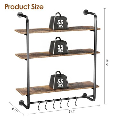 3 Tier Industrial Pipe Floating Shelf, 31.5" Kitchen Wall Shelves | with Towel Bar & 6 Hooks, Coffee Bar Shelves Display Bookshelf Wall Shelf for Kitchen, Bathroom, Home Décor, Rustic Brown - size: 31.5 Inch（3 Tier）