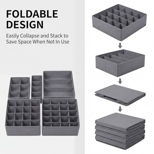 SUREMAX 5-Pack Underwear Drawer Organizer for Socks, Bras, Ties, Grey | Foldable, Fabric Drawer Dividers, Fits Standard 13"+ Dressers, 55 Compartments, for Bedroom, Closet, Bathroom