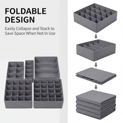 SUREMAX 5-Pack Underwear Drawer Organizer for Socks, Bras, Ties, Grey | Foldable, Fabric Drawer Dividers, Fits Standard 13"+ Dressers, 55 Compartments, for Bedroom, Closet, Bathroom