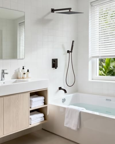 Oil Rubbed Bronze Shower System with Tub Spout, Wall Mounted Bathtub Faucet Set, 12" Rainfall Shower Head and Handheld Shower Combo, High Pressure Shower Fixtures Set with Rough-in Valve - color: Oil Rubbed Bronze, style: 12" Wall Mounted Shower System wi