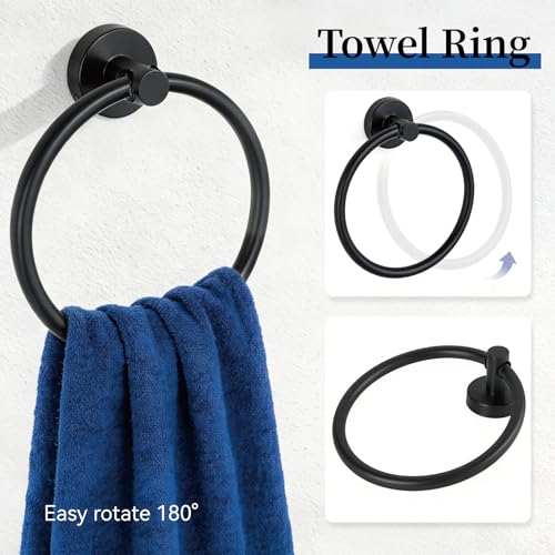 HOMOTEK 4 Pieces Bathroom Accessories Hardware Set, 24 inch Towel Bar, Towel Ring, Robe Hook, Toilet Paper Holder, Stainless Steel Rack Kit Wall Mounted, Matte Black - color: Matte Black