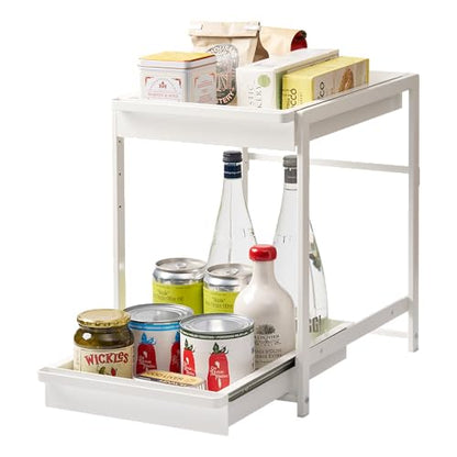 Yamazaki Home Under-Sink Rack, Two-Tier with Pull-Out Shelf, Steel, White | Versatile under-sink rack features a two-tier organization system with sliding drawers. Adds practical everyday storage. - color: White