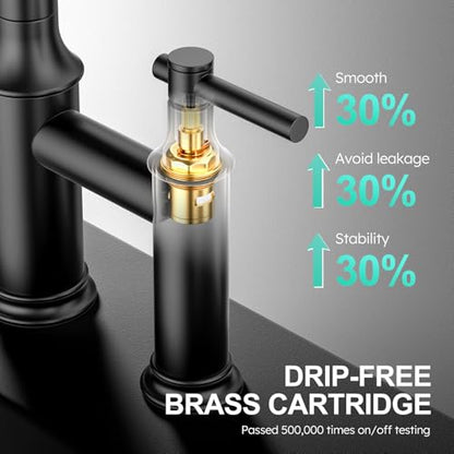 Matte Black Bridge Kitchen Faucet: 3 Holes Brass Bridge Faucet with Pull Down Sprayer - Two Handles 8 Inch Centerset Kitchen Sink Faucet, 360° Swivel Spout - color: Matte Black