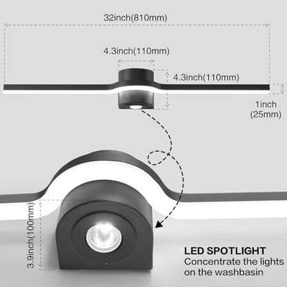 Vanity Lights for Bathroom– 32 Inch Black Bathroom Light Fixture Over Mirror LED Dimmable 6000K Cool White with Built-in Downlight Modern Matte Black Aluminum - size: 32 Inch