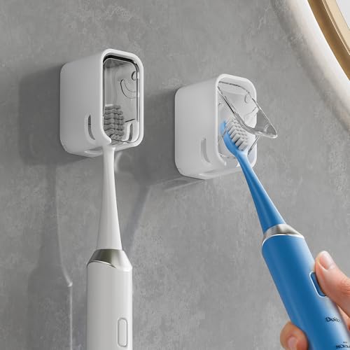 MOPMS Single Slot Toothbrush Holders Wall Mounted with Cover for Bathrooms | 2PCS Toothbrush Cover for Shower, Single Toothbrush Dispenser Storage Organizer for Family & Travel - color: Grey+clear