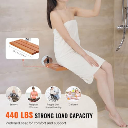 VEVOR Folding Teak Shower Seat, 20.1" x 13.2" Unfolded, Wall Mounted Fold Up Shower Bench with 440 lbs Load Capacity, Space Saving Home Care Fold Down Shower Chair, for Seniors Pregnant Women Children