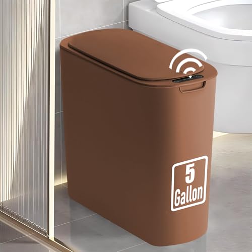 TIPGO 5 Gallon Motion Sensor Bathroom Trash Can with Lid, Automatic Garbage Can Touchless, Smart Plastic Waste Basket for Narrow Spaces, Bathroom, Office, Bedroom, Living Room (Brown) - color: Brown
