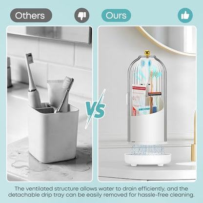 Dustproof Toothbrush Holder, Toothbrush Organizer with 360° Rotating Inner Tray and Sliding Cover, 3-Slot Draining Bathroom Toothbrush Caddy, Vanity Makeup Brush Organizer,Black - color: Black