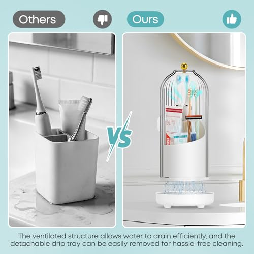 Dustproof Toothbrush Holder, Toothbrush Organizer with 360° Rotating Inner Tray and Sliding Cover, 3-Slot Draining Bathroom Toothbrush Caddy, Vanity Makeup Brush Organizer,White - color: White