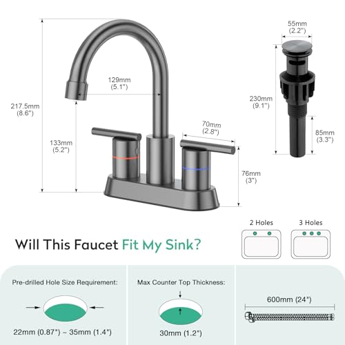 Faustina Gery Bathroom Faucet, 4 Inch Centerset Faucet for Sink 2 Holes 3 Holes，Two Handles 304 Stainless Steel with Pup up Drain Assembly and 2 Water Supply Lines for RV Vanity - color: Gery, style: Modern Centerset