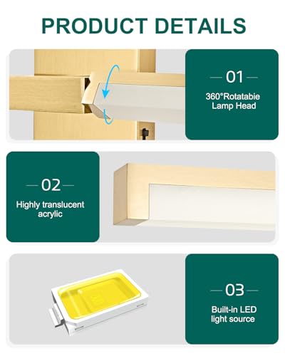 32 Inch Bathroom Vanity Light Fixtures, Gold Modern Light Fixtures Over Mirror, 16W 5CCT Dimmable Wall Light- 2Pack - color: Gold - 2Pack, size: 32 inch