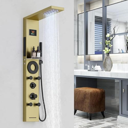 RUMOSE Brushed Gold Shower Panel Tower System, 5-Mode Shower Faucet Set | LED Light Rainfall Shower Head Digital Display with Massage Jets Tub Spout Shower Shelves, Stainless Steel, Wall Mount - color: Brushed Gold