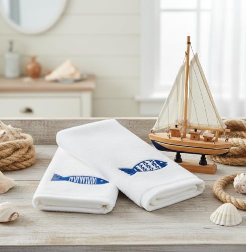 Serafina Home Summer Soft Absorbent Bathroom Coastal Guest Embroidered Fingertip Towels: Sealife Blue Fish Design, 2 Piece 12" x 18" Inches - color: Blue Fish