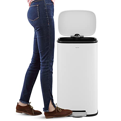 happimess Curtis 8 Gal Step Trash Can Soft Close 25", Cotton White | Stainless Steel, Fingerprint Resistant Satin Finish, Removable Liner, Steel Pedal, 20 Trash Bags Included, Kitchen Bin - color: White