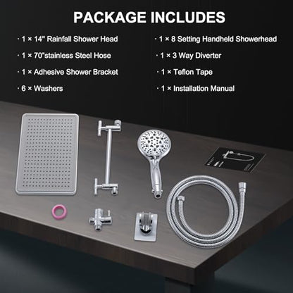 Rain Shower Head Combo-14''Rainfall ShowerHead,8 Modes Handheld with ON/OFF Pause Switch, Double High Pressure Shower heads with Hose,Adjustable and detachable for Couple and Kids - style: Contemporary