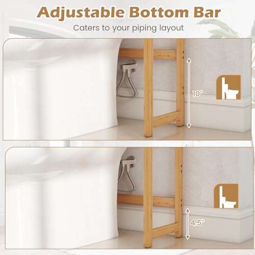 Tangkula 3-Tier Over the Toilet Storage Rack, Bamboo Bathroom Stand Organizer with 5-Position Shelves, 3 Hooks, Adjustable Bottom Bar, Freestanding Space Saver Toilet Shelf for Laundry Room (Natural)