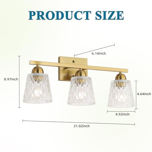 Mecgirn Stainless Steel Bathroom Vanity Light Over Mirror, 3 Light Brushed Gold Bathroom Light Fixtures with Textured Glass Shades, Modern Vanity Lighting Wall Mount - color: Brushed Gold, size: 3 Light