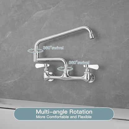 Commercial Wall Mount Kitchen Faucet 18" Swing Spout, Chrome | Lead-Free Brass,Two Handle Hot/Cold Mixer,8" Center,with Add-on Swing Spout,3 Compartment Sink, Restaurant & Laundry - size: 18 Inch