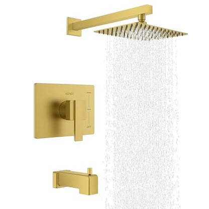 KENES Brushed Gold Shower Set with Tub Faucet, Square Tub Shower Faucet Set | Shower Faucet with 10-Inch Rain Shower Head, Square Shower System, Valve Included, Lead-Free cUPC & NSF Certified, Stainless - color: Brushed Gold, style: Tub Shower Faucet Set
