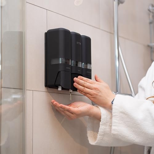 Shower Shampoo Dispenser 3 Chamber No Drill Wall Mounted Matte Black | No-drill stick-on install | Lockable pump | Refillable 250ml x 3 | Soap body wash conditioner | Bathroom hotel