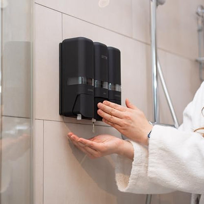Shower Shampoo Dispenser 3 Chamber No Drill Wall Mounted Matte Black | No-drill stick-on install | Lockable pump | Refillable 250ml x 3 | Soap body wash conditioner | Bathroom hotel