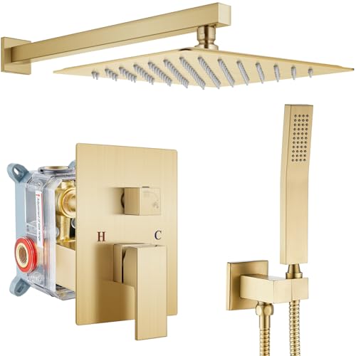 gotonovo Rainfall Bathroom Shower System Rain Shower Head and Handle Set Wall Mounted Shower Complete Combo Solid Brass Pressure Balancing Shower Mixer Valve 12 Inch Brushed Gold - color: Brushed Gold, size: 12 Inch