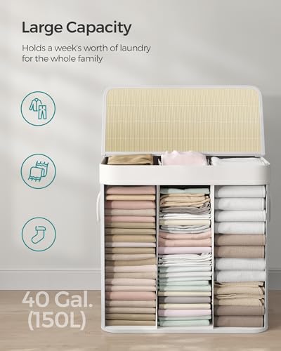 SONGMICS Laundry Hamper, 39.6 Gallons (150L), 3-Section Laundry Basket, Laundry Hamper with Lid, Bamboo, Foldable, Removable and Machine Washable Liner, for Laundry Room, Bedroom, White ULCB091W01 | Foldable Laundry Basket, Removable and Machine Washable