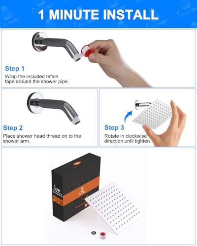 6 Inch Square Rain Shower Head, Renter Friendly High Pressure Fixed Showerhead, Stainless Steel Spa-Like Rainfall Shower Head with Self-Cleaning Nozzles, Wall Mount Chrome Finish - color: Chrome, size: 6 Inch