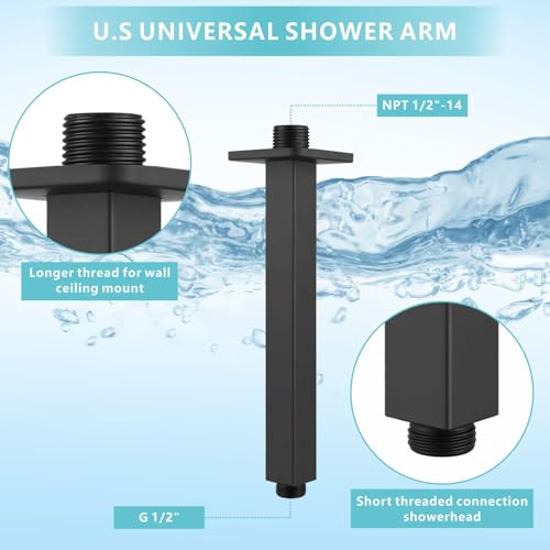 Ceiling Mounted Shower Arm with Flange, Universal Connection 1/2 NPT Straight, Made of Thicken Stainless Steel, Square Extension Arm for Fixed Rain Shower Head(8 Inch,Matte Black) - color: Matte Black, style: 8 Inch