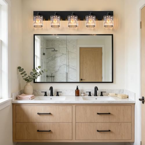Black Crystal Bathroom Vanity Light, 5-Light Modern Bathroom Lighting Fixtures Over Mirror, Matte Black Wall Sconce Light Fixtures with Square Shade - color: Black-Square Shade, size: 5-LIGHT