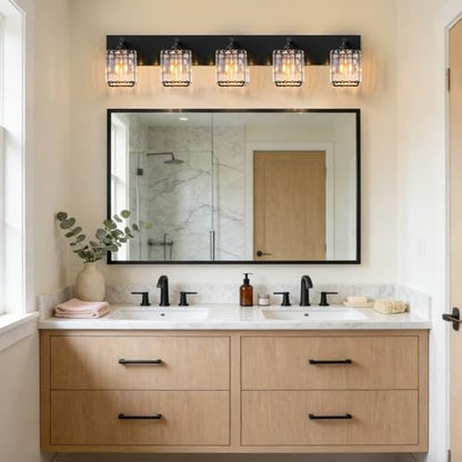 Black Crystal Bathroom Vanity Light, 5-Light Modern Bathroom Lighting Fixtures Over Mirror, Matte Black Wall Sconce Light Fixtures with Square Shade - color: Black-Square Shade, size: 5-LIGHT