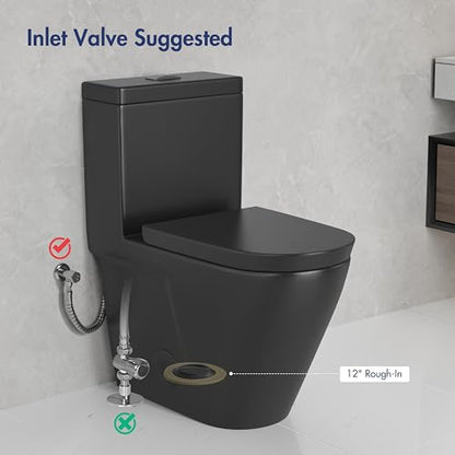 One Piece Toilet Elongated Dual Flush, 17.3" ADA Seat, Matte Black | ADA Compliant 17.3" chair height with soft close seat, Dual flush 1.1/1.6 GPF Elongated toilet bowl 12" rough-in, Matte Black - color: Matte Black 365Model