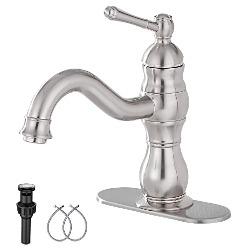 Bathroom Faucet Brushed Nickel GGStudy 360° Swivel Bathroom Vanity Faucet Single Handle One Hole Bathroom Sink Faucet Basin Matching Pop Up Drain with Overflow - color: Brushed Nickel, size: Short