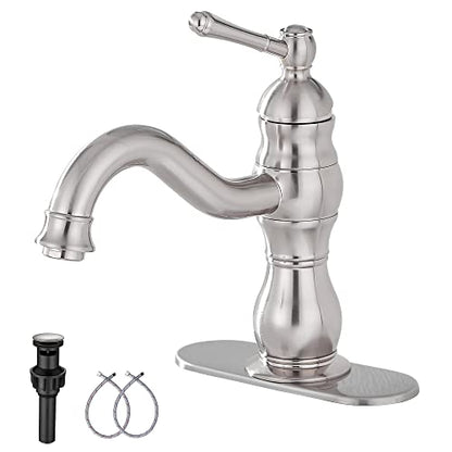 Bathroom Faucet Brushed Nickel GGStudy 360° Swivel Bathroom Vanity Faucet Single Handle One Hole Bathroom Sink Faucet Basin Matching Pop Up Drain with Overflow - color: Brushed Nickel, size: Short