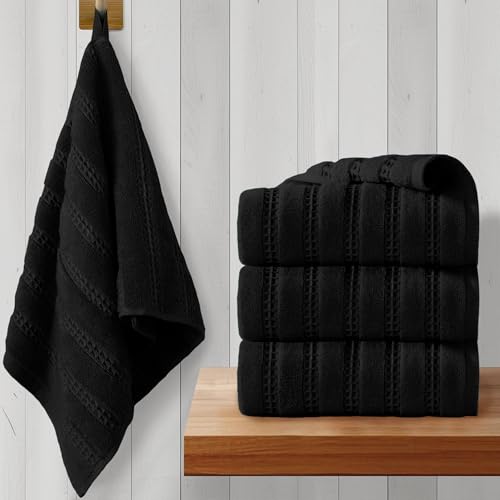 VOOVA & MOVAS Black Hand Towels 4PC,13"x30", 100% Cotton,with Loop | Waffle Weave Fabric, Soft Lightweight & Absorbing, Quick Dry & Non-fading, Unshrinkable - color: Black