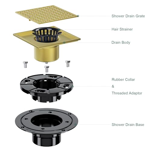 4 Inch Square Shower Floor Drain with Flange and Hair Strainer | SUS304 Stainless Steel, Anti-Clog, Brushed Gold Shower Drain with Hair Catcher, Removable Grid Drain Cover, For Bathroom - color: Brushed Gold