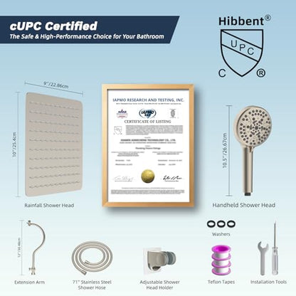 Hibbent All Metal CUPC Certified Shower Head, 10'' High Pressure Rainfall Shower Head, Handheld Showerhead Combo, 12'' Adjustable Extension Arm, 10 Sprays, 71'' Hose, Showerhead Holder, Brushed Nickel - color: Brushed Nickel, style: Square 10''