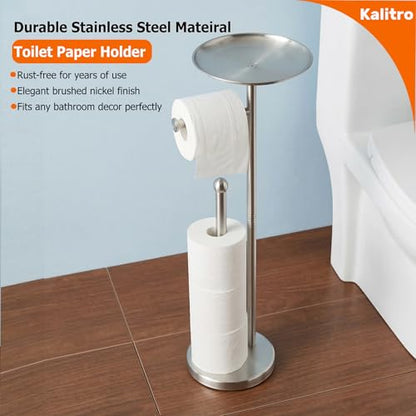 Kalitro Toilet Paper Holder Freestanding with Big Shelf, 4 Rolls Reserve Paper Holder Stand, Modern Paper Roll Holder with Storage Space for Phones (Brushed Nickel) - color: Brushed Nickel