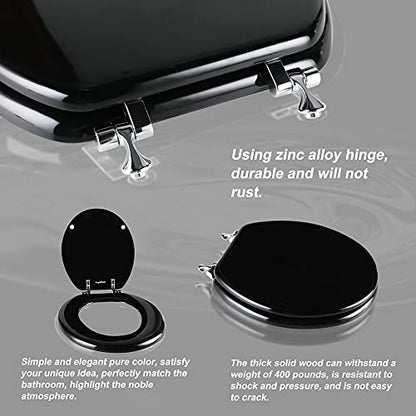 Angol Shiold Wood Toilet Seat, Zinc Alloy Hinges (Round, Black) | Round Toilet Seat, Scratch Resistant Wood Surface, Easy to Install and Clean - color: Black, size: Round