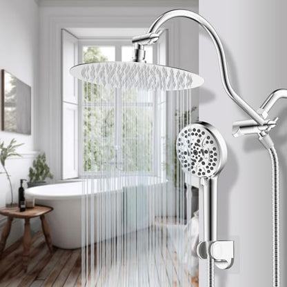 Hibbent All Metal CUPC Certified Shower Head, 10'' High Pressure Rainfall Shower Head, Handheld Showerhead Combo with 12'' Adjustable Extension Arm, 10-Spray, 71'' Shower Hose, Shower Holder, Chrome - color: Chrome, style: Round 10''