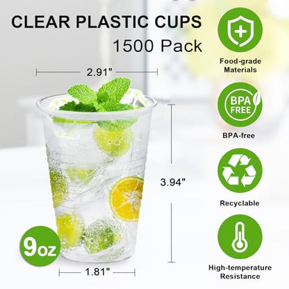 SIUQ 1500 Pack 9 oz Plastic Cups, Clear Disposable Plastic Cups | Cold Water Party Drinking Cups for Party, Picnic, BBQ, Wedding, Travel, Thanksgiving, Christmas - style: 9 oz-1500pack