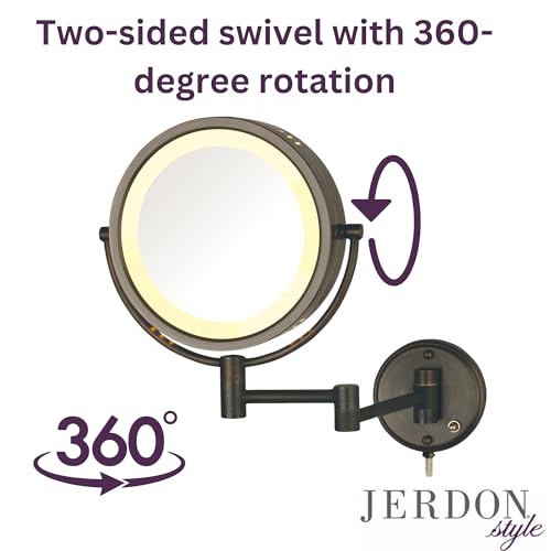 JERDON Lighted Wall-Mount Makeup Mirror - 8X - Bronze - HL75BZ | 8.5" Diameter, 13.5" Wall Arm, LED Lighting, Corded Plug-In Power