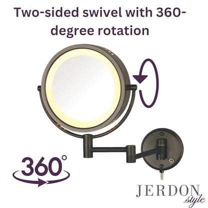 JERDON Lighted Wall-Mount Makeup Mirror - 8X - Bronze - HL75BZ | 8.5" Diameter, 13.5" Wall Arm, LED Lighting, Corded Plug-In Power
