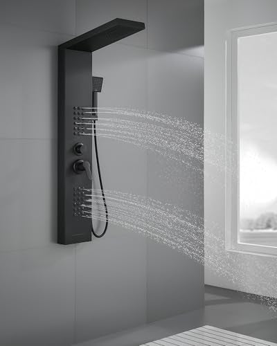 ROVATE Shower Panel Tower System with Rainfall Shower Head, Matte Black | Shower Tower with Powerful Body Jets, Handheld Shower and Tub Spout, Stainless Steel Shower Column Black High Pressure - style: 4 Modes-Matte Black-2 Jets