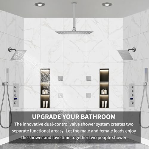 Dual Shower Mixer 6 Way Full Body Shower Head System Rain 12+8+8 Inch With Wall Mount 6 Pcs Jets 2 Handheld Shower Diverter Valve Digital Display Fauct Set, Brushed nickel - color: Brushed Nickel