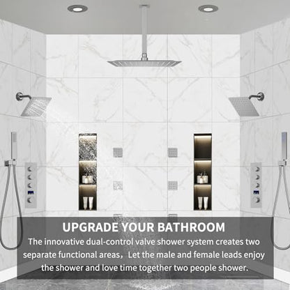 Dual Shower Mixer 6 Way Full Body Shower Head System Rain 12+8+8 Inch With Wall Mount 6 Pcs Jets 2 Handheld Shower Diverter Valve Digital Display Fauct Set, Brushed nickel - color: Brushed Nickel