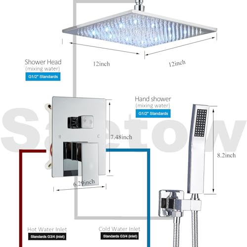Ceiling Mount Shower Faucet Set 12 Inch LED Rainfall Shower Head Bathroom Rainfall Shower System with Handheld Spray Rough-in Valve Body and Trim Included, Chrome Finished - color: ‎Polished Chrome, style: 12"-led
