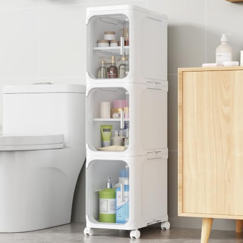 BROVIEW 3-Tier Narrow Storage Cabinet Organizer Slim Bathroom Cabinets, Adjustable Fridge & Vanity Gap Storage, White - color: White, size: 3-Tier-8.5"W
