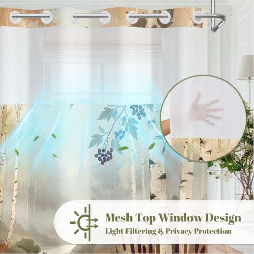 No Hook Birch Trees Shower Curtain with Snap in Liner, 71Wx74L | Double Layer Waterproof Bath Curtain with Mesh Top, Nature Misty Forest Woodland & Lake Landscape Print for Rustic Bathroom - color: Nature Landscape