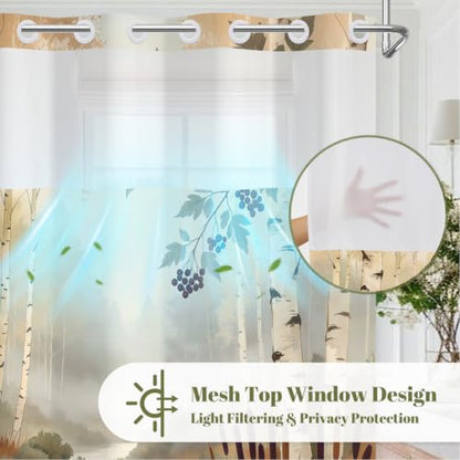 No Hook Birch Trees Shower Curtain with Snap in Liner, 71Wx74L | Double Layer Waterproof Bath Curtain with Mesh Top, Nature Misty Forest Woodland & Lake Landscape Print for Rustic Bathroom - color: Nature Landscape